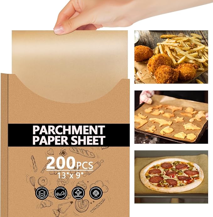 200PCS Thickened Precut Parchment Paper Sheets, 9×13 In Heavy Duty Non-Toxic & Unbleached Parchment Baking Paper for Baking, Grilling, Non-Stick & Comes in Convenient Packaging, Brown