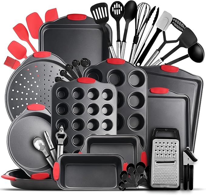 Baking Pan Set, 39 Piece Premium Baking Set, Nonstick Bakeware Sets BPA Free, Cookie Sheets for Baking Nonstick Set, Steel Baking Sheets for Oven with Muffin Pan, Cake Pan & Black Kitchen Utensils