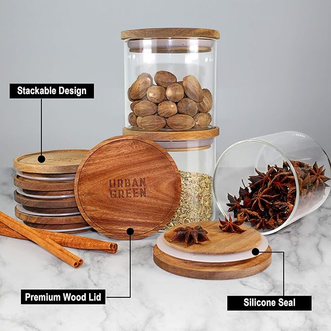 Urban Green Glass Jars with Airtight Lids, Airtight Glass Canisters set, Large Food Storage Containers with Wood Lids, 2 Pack of 100oz， Dry Food Pantry Jars, Flour Containers