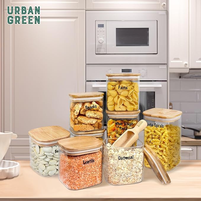 Urban Green Glass Jars with Airtight Lids, Airtight Glass Canisters with Locking Lids, (Bamboo-6P-24oz)