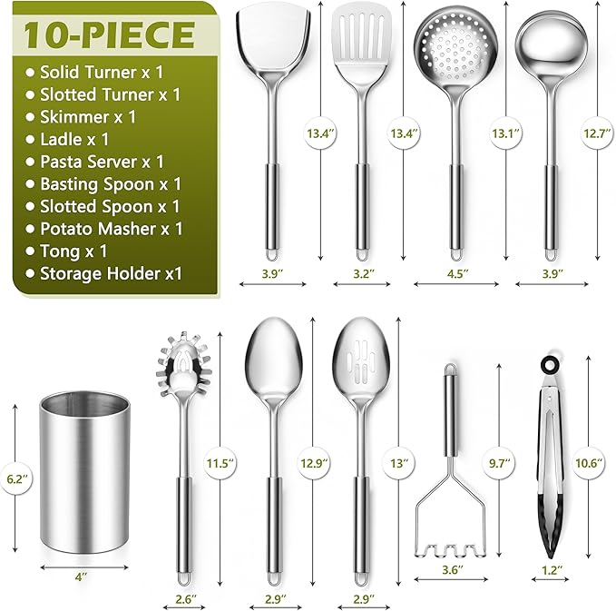 E-far Cooking Utensils Set, 10-Piece Stainless Steel Kitchen Utensils with Holder, Metal Heat Resistant Kitchen Cookware Tool Spatula Set for Cooking, Easy Clean & Dishwasher Safe