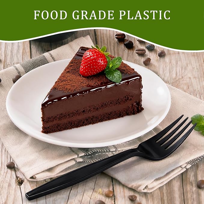 300 Count Compostable Forks, Non Plastic Forks, Black Disposable Forks, Heavy Duty Plastic Silverware, Eco Friendly Compostable Utensils for Party Wedding Picnic