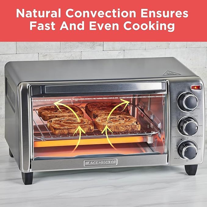 BLACK+DECKER 4-Slice Convection Oven, Stainless Steel, Curved Interior Fits a 9 inch Pizza, TO1313SBD
