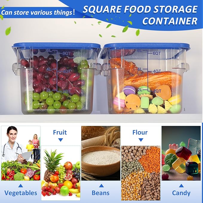 Yungyan 12 Pcs 6 Qt Commercial Food Storage Containers with blue Lids Restaurant Square Airtight Food Storage Containers Clear Cereal Container for Kitchen Freezer Dishwasher Pantry