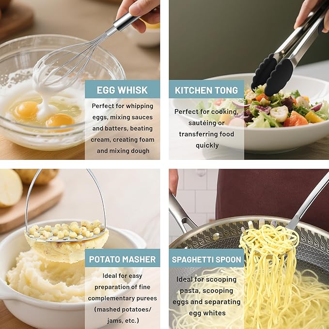 Pleafind Stainless Steel Cooking Utensils Set, 9 Pcs Heat Resistant Kitchen Utensils Set, Nonstick Kitchen Tools Set With Utensil Holder, Metal Spatula Set for Chef, Dishwasher Safe