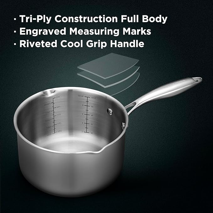 Tri-Ply Stainless Steel Sauce Pan with Steamer Basket & Straining Glass Lid— 2-in-1 Multi-Function Pot for Steaming, Boiling & Simmering — Healthy, Durable, Rust-Resistant, Professional-Grade Cookware