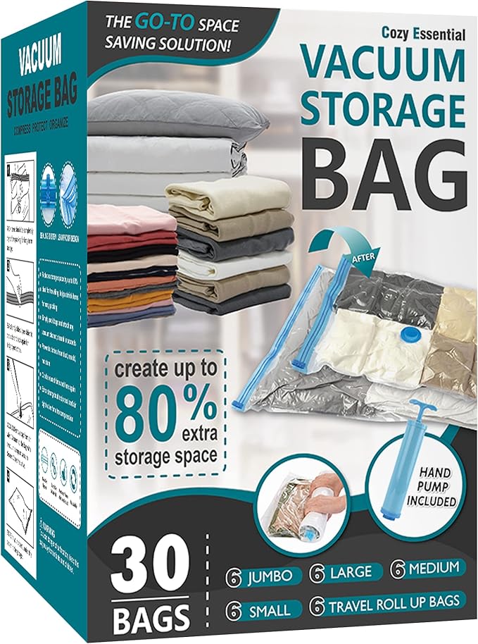 30 Pack Vacuum Storage Bags, Space Saver Vacuum Storage Bags, Vacuum Seal Bags for Clothing, Clothes, Comforters and Blankets, Hand Pump Included