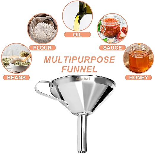 Anaeat Stainless Steel Kitchen Funnel, Multi-Use Premium Metal Food Grade Cooking Funnels with 2 Removable Strainer Filter for Transferring Liquid or Dry ingredients, Oils & 1 Pc Cleaning Brush (5.7")