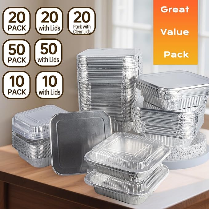 8x8 Aluminum Pans with Lids - 20 Pack Disposable Baking Pans, Heavy Duty Tin Foil Pans with Lids for Cake Baking, Cooking, Heating, Storing, Prepping Food
