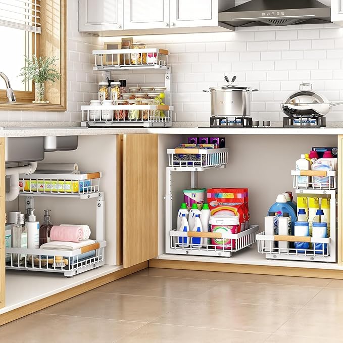 PXRACK 2 Pack Under Sink Organizer,Adjustable Height,2 Tier Pull Out Under Cabinet Organizer,Slide Out Thickened Metal Under Sink Storage for Kitchen Bathroom Laundry Cabinet Pantry,White(S)