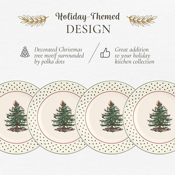 Spode Christmas Tree Polka Dot Dessert Plate (Set of 4) - Festive 8-Inch Stoneware Plates for Holiday Entertaining, Appetizers, Snacks - Microwave, Dishwasher, Freezer Safe Party Appetizer Dishes