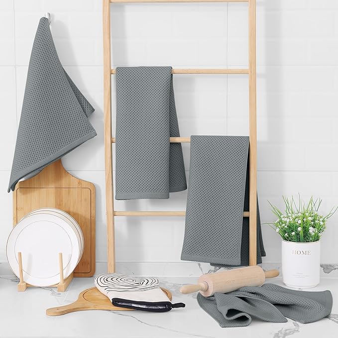 Homaxy 100% Cotton Waffle Weave Kitchen Dish Towels, Ultra Soft Absorbent Quick Drying Cleaning Towel, 13 x 28 Inches, 4-Pack, Grey