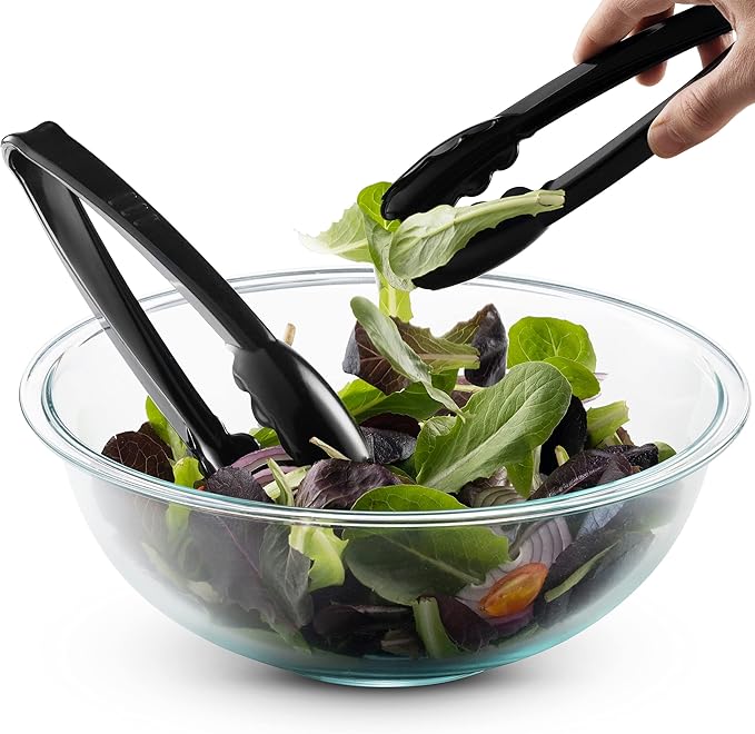 Plastic Tongs for Serving (Pack of 6) 9 Inch - Heavy-Duty Hard Plastic Reusable or Disposable Serving Tongs for Catering, Dinner Parties, Banquets, Buffets, Events, Weddings and Everyday Use, Black