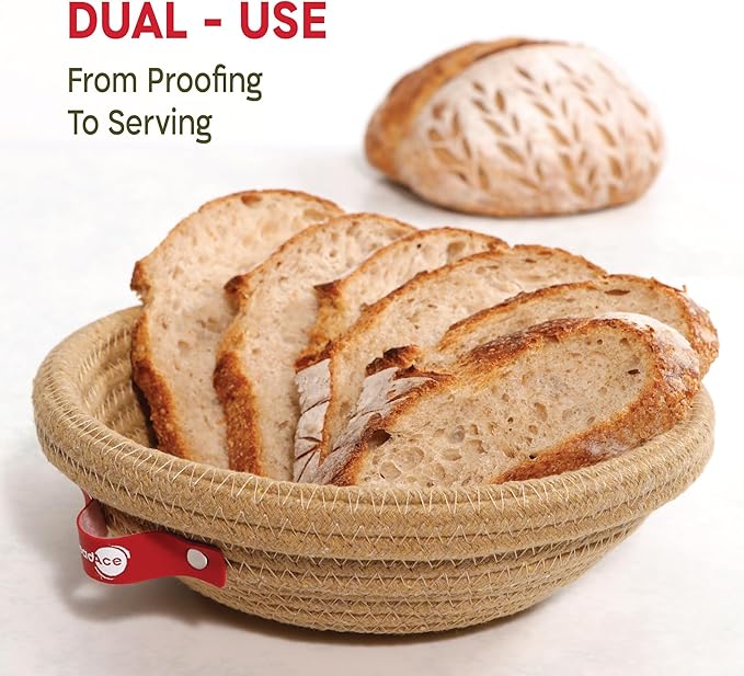 KneadAce Cotton Rope Banneton Bread Proofing Basket Set, 2 x Round Bread Basket with Liners & Covers for Artisan Bread Baking, Sourdough Bread Baking Supplies