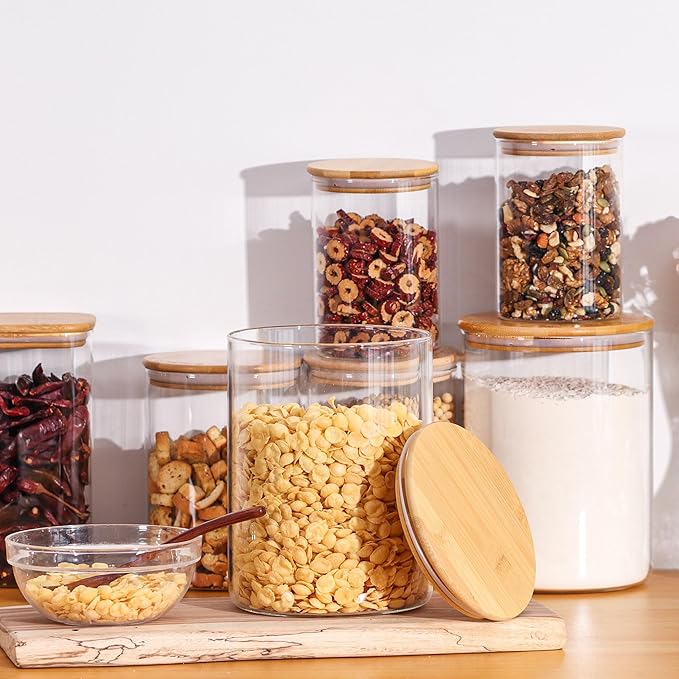 Glass Storage Containers with Lids, Glass Jars with Bamboo Lids, Large Food Storage Jar, Sugar, Pantry Storage Container for Pasta Rice Flour Oats Nuts Tea Spice (Round 27oz*2+54oz*2+100oz*2)