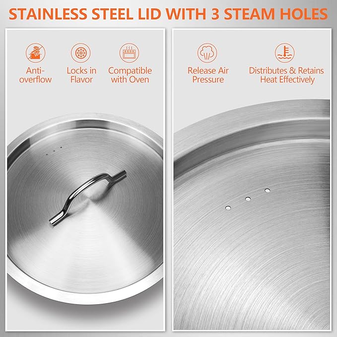 Large Stock Pot with Lid - 40 Quart Stainless Steel Cookware, 10 Gallon Heavy Duty Soup Pot, Big Pots for Cooking, Compatible Induction & Oven