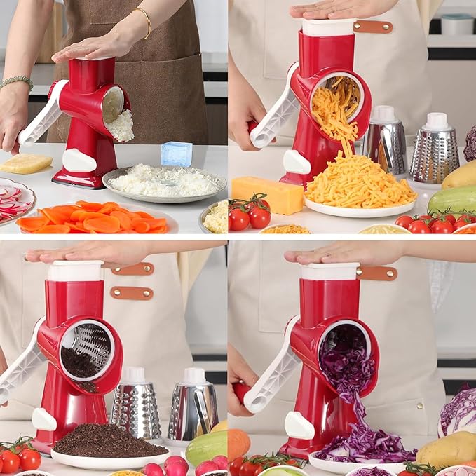 Rotary Cheese Grater with Handle, Multifunctional Kitchen tool, Stainless Steel Rotary Grater Slicer for Fruit, Vegetables, Nuts (Red)