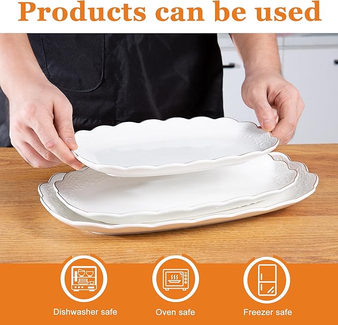 Kassel Ceramic Serving Platter Set | 16”/14”/12” Oval Serving Trays for Entertaining at Parties and Weddings | Oven Safe XL Serving Trays for Tacos, Steak, and Cake