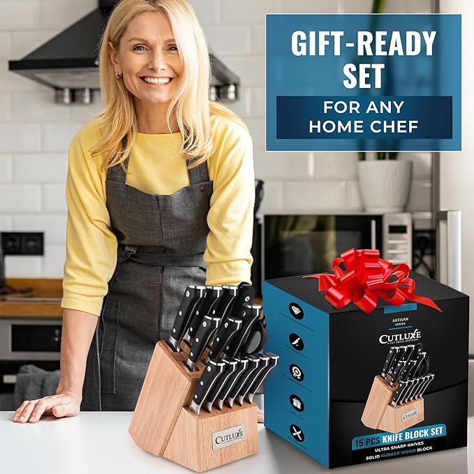 Cutluxe 15-Piece Knife Set – Premium Rubberwood Wood Block – Knife Set for Kitchen, Ultra Sharp High Carbon German Stainless Steel, Full Tang – Artisan Series