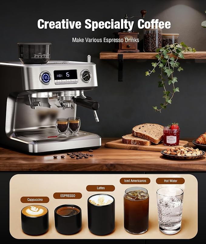 Kndko Double Boiler Espresso Machines with Built-in 30 Grind Settings, 20 Bar Stainless Steel Coffee Maker with Milk Frother Steam Wand, Barista Espresso Maker for Home Cappuccino Latte & Americano