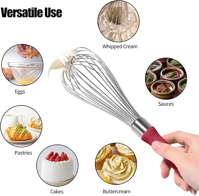18/8 Stainless Steel Balloon Whisk, Doosu Kitchen Whisk for Cooking Handheld Egg Beater with Rust-Proof Sturdy Wires & Non-Slip Silicone Handle for Beating, Stirring, Blending (12 Wires, Red)