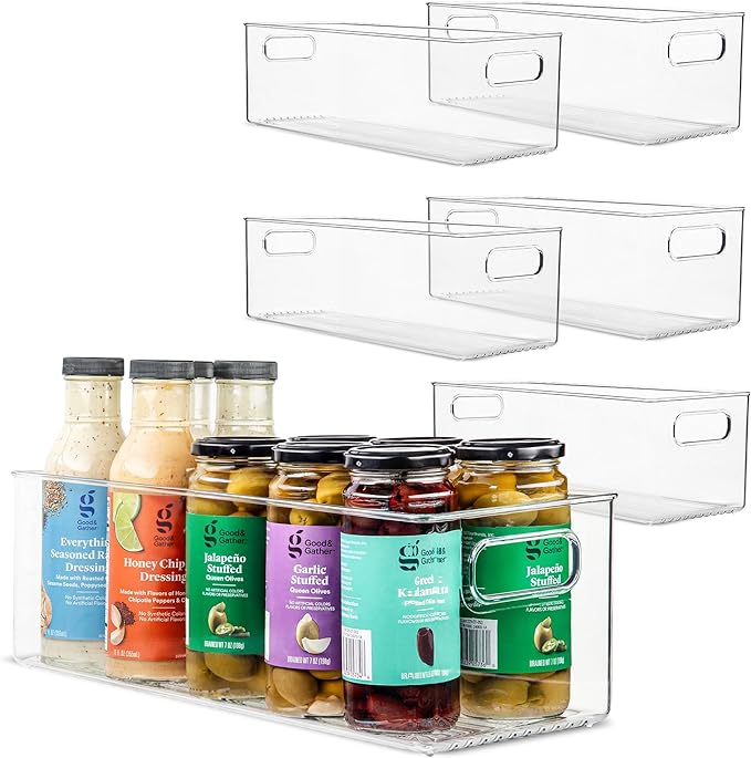 Plastic Food Storage 6 Pack Clear Container Bin with Handles for Organizing Kitchen, Pantry, Fridge, Freezer, Pantry, Bathroom. 14"x6"5"