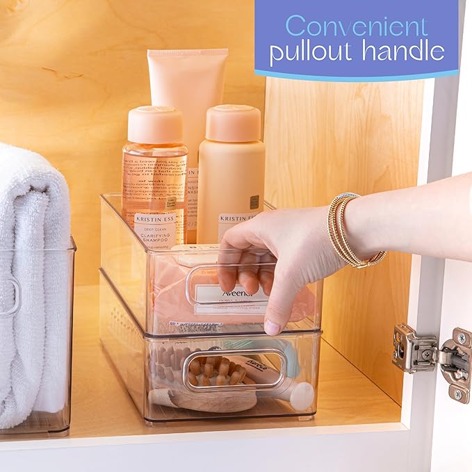 Plastic Food Storage 6 Pack Clear Container Bin with Handles for Organizing Kitchen, Pantry, Refrigerator, Freezer, Pantry, Cabinet, Closet, Bathroom. Stackable 10”x6”x3”