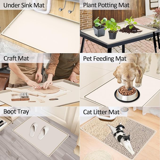 Silicone Coffee Maker Mat with Lip, 19.7'' x 15'' Heavy Duty Coffee Maker Mat for Countertops, Coffee Tray Fit Under Coffee Machine Appliance Automatic Machines Espresso Accessory, Cream White