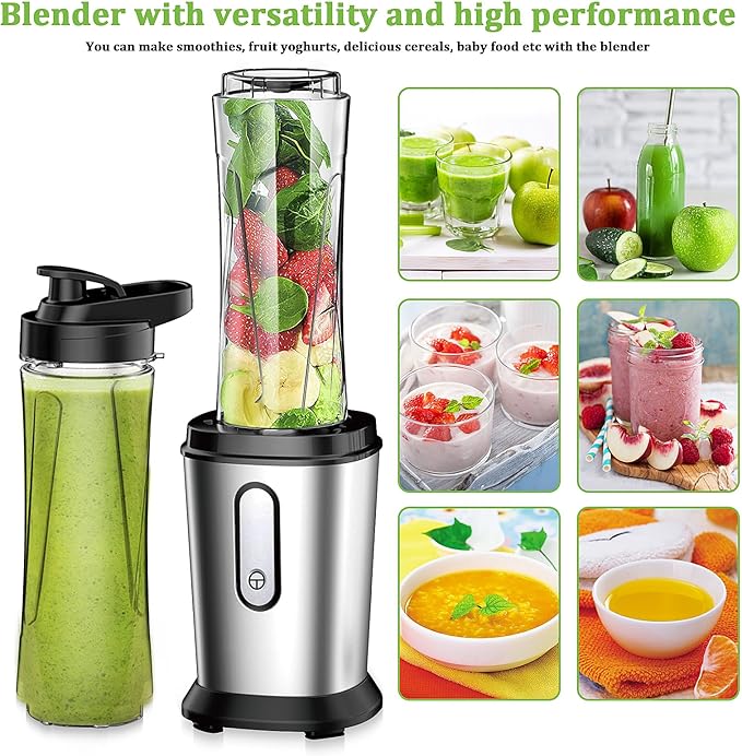 Electric Smoothie Blender, Powerful Small Blender with 2 Portable 20oz Tritan blender Bottles, BPA-Free with 4 Stainless Steel Blades, Mixer Smoothie Maker for Shakes and Smoothies