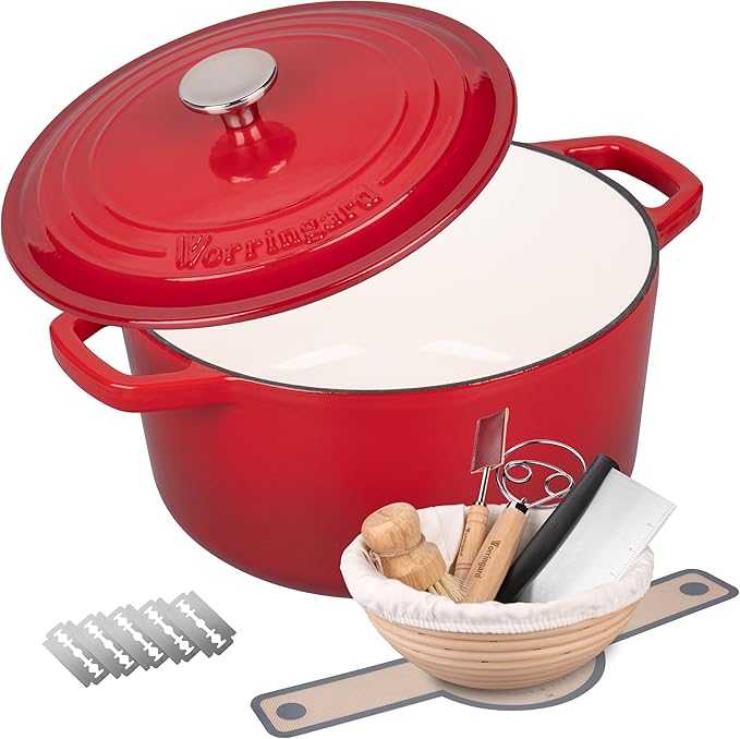 Enameled Cast Iron Dutch Oven Pot with Lid, for Bread Baking, Round Bread Oven- include Sourdough Bread Baking Supplies Set, 6QT, Red