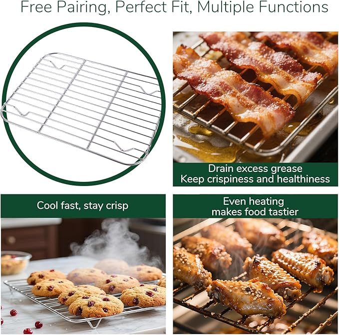18/0 Stainless Steel Baking Sheet with Cooling Rack, 12.4 Inch Oven-Safe Non-Toxic Cookie Sheets for Baking, Coating Free & Rust Resistant for Healthy Family Baking, Easy to Clean, Heavy Duty