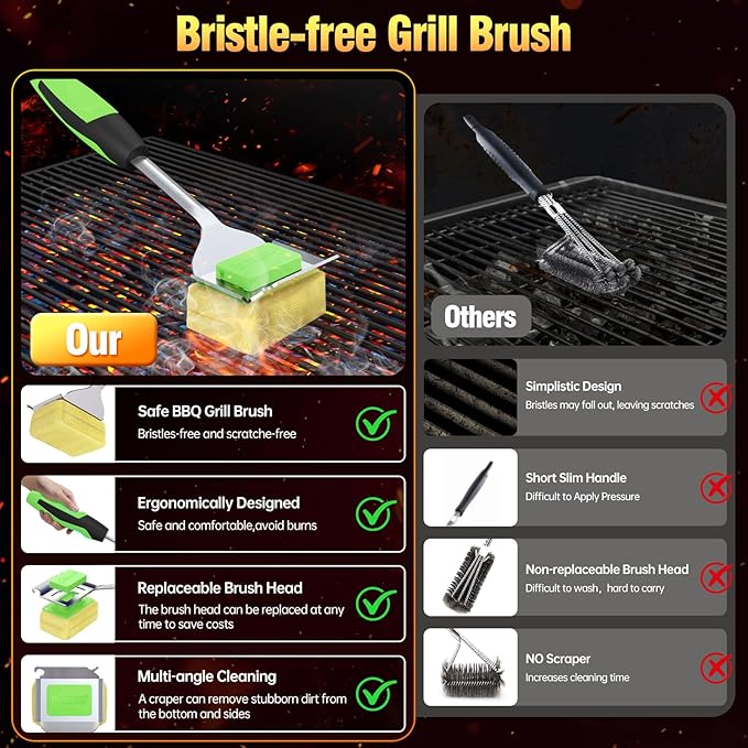 Grill Brush Bristle Free for Outdoor Grill, Steam Grill Cleaning Brush Replaceable BBQ Cleaner Brush Head,Extended Handle, Safe Grill Brush with Scraper for Cast Iron Stainless-Steel Grates,Green