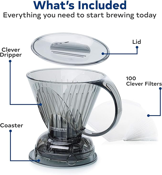 Clever Coffee Dripper and Filters, Large 18 oz (Cloud)| Barista's Choice| Safe BPA Free Plastic|Includes 100 Filters