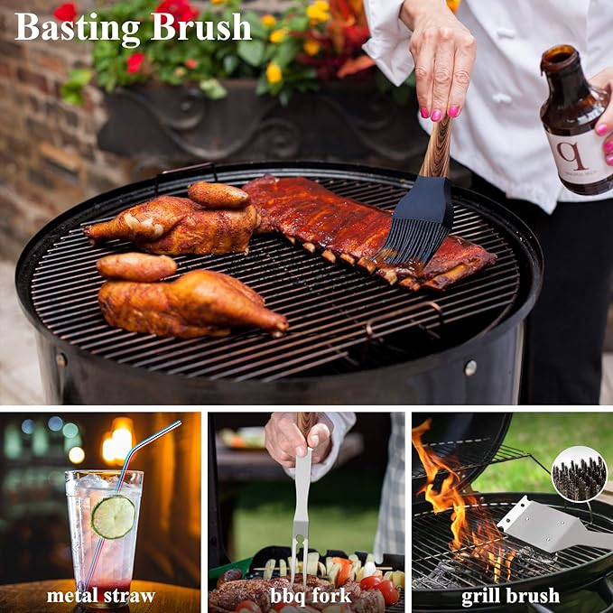 ROMANTICIST 25pcs Extra Thick BBQ Grill Accessories, Fathers Day Grilling Gifts Set for Men Dad, Heavy Duty Grill Tools Utensils Kit with Spatula, Tongs in Aluminum Case for Birthday Brown
