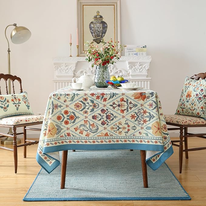 ISAENNE Designer Linen Elegant Tablecloth Rectangular,Colorful Floral Bohemian Table Cloth,Wrinkle Resistant Decor Tablecloths for Dining Thanksgiving Kitchen Party,55"*87"-Floralsea A