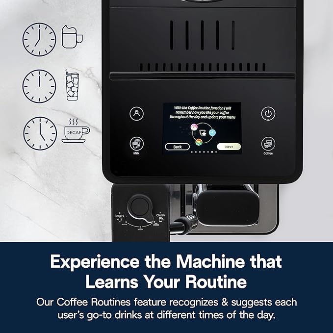 De'Longhi Rivelia Automatic Espresso Machine with Grinder & Milk Frother – All-in-One Coffee Maker, Hot & Iced Latte, Cappuccino, Bean Switch System, Burr Grinder, Compact Italian Design, Black