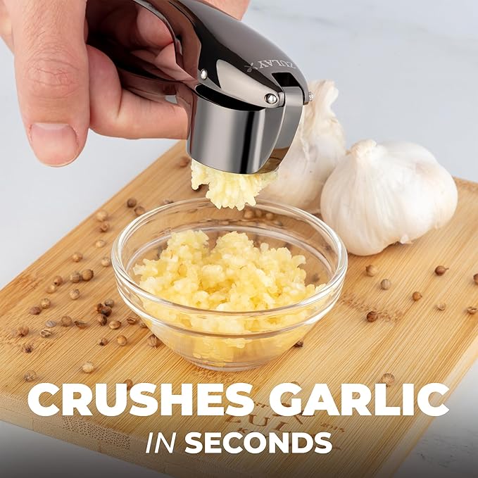 Zulay Kitchen Premium Garlic Press Set – Rust Proof & Dishwasher Safe Garlic Mincer Tool with Silicone Garlic Peeler & Brush, Easy Squeeze & Clean, Ergonomic Soft Grip Handle - Medium – Dark Gray