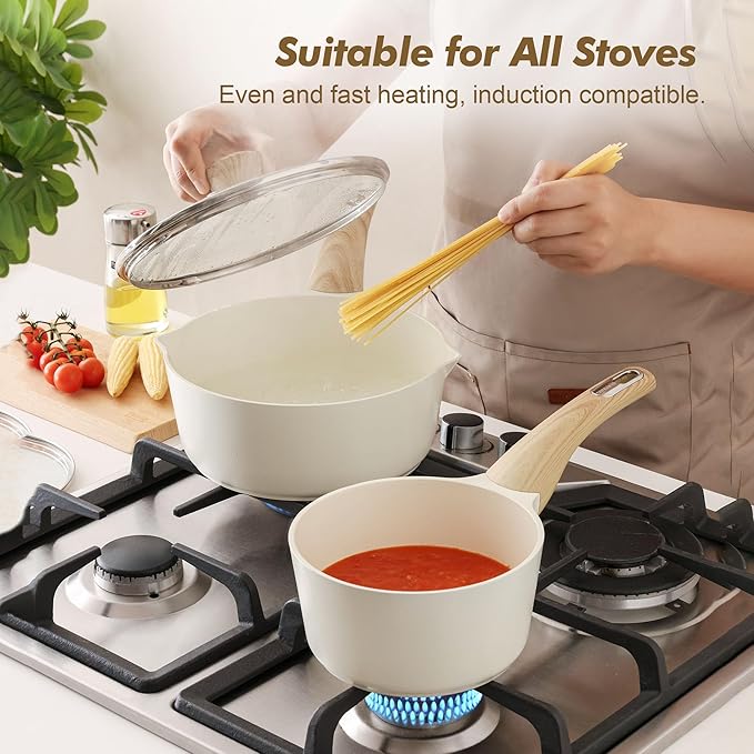 SENSARTE 2.0 & 3.0 Quart Ceramic Sauce Pan Sets with Lid, Cooking Pots Set, Nonstick Saucepan Set with Pour Spout, Small Kitchen Pot, Non toxic Saucepot, Induction Comptable, PFOA PTFE PFAS Free