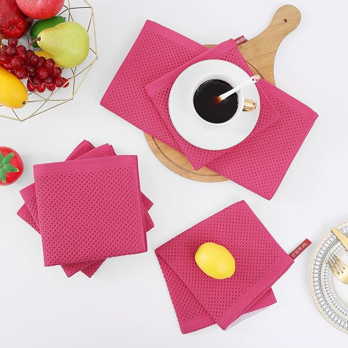 Homaxy 100% Cotton Waffle Weave Kitchen Dish Cloths, Ultra Soft Absorbent Quick Drying Dish Towels, 12 x 12 Inches, 6-Pack, Hot Pink