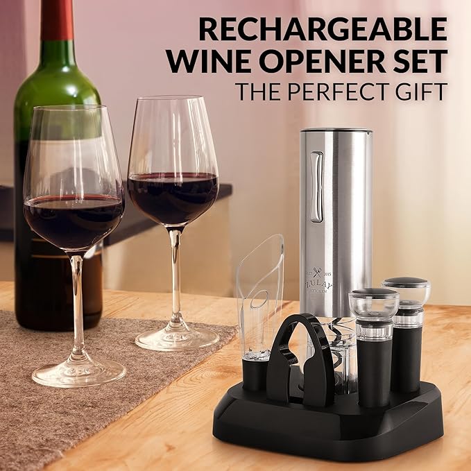 Zulay Kitchen Electric Wine Opener 5-Piece Gift Set with Charging Base - Foil Cutter, Aerator & Pourer, Vacuum Stoppers - Automatic Wine Bottle Corkscrew Opener For Smooth & Fast Uncorking