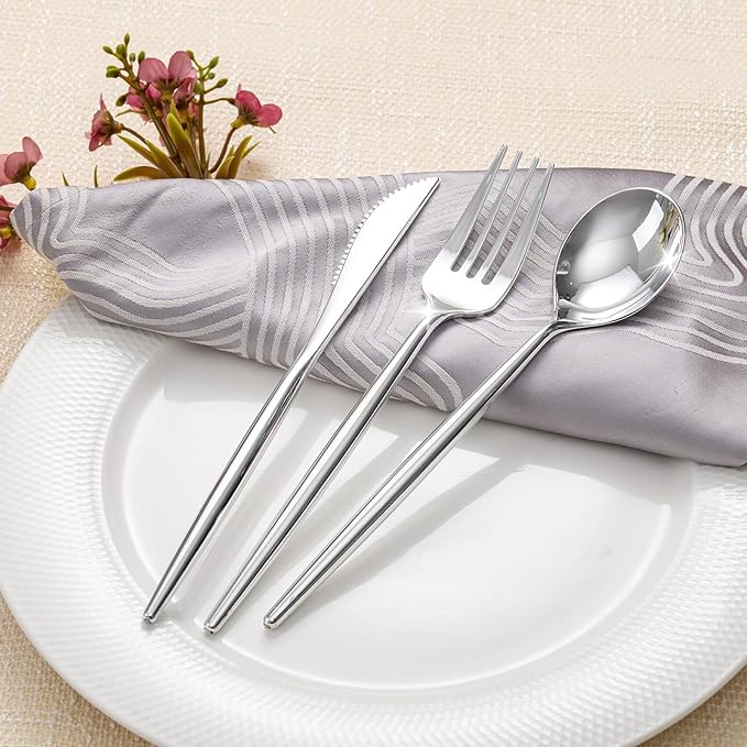 Rubtlamp 90Pcs Silver Plastic Silverware, Silver Plastic Thanksgiving Utensils, Plastic Cutlery Include 30 Knives, 30 Forks and 30 Spoons, Silverware Heavy Duty For Thanksgiving