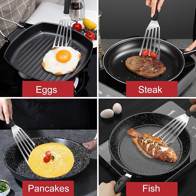 Beijiyi Heat Resistant Silicone Fish Spatulas, 2-Piece Slotted Fish Turner Spatula Set for Non Stick Frying Pan, Kitchen Cooking Utensils Flexible Thin Egg Flipper, 12.3" & 10.6", Gray Silicone Edge