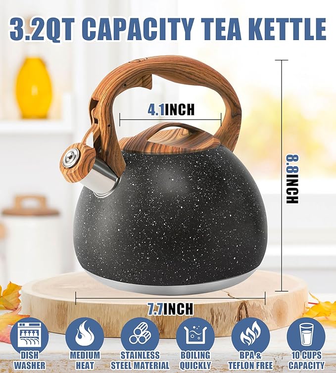 Whistling Tea Kettle Stovetop, Tea Pots for Stove Top Food Grade Stainless Steel with Wood Pattern Handle, 3.2Quart (Black)
