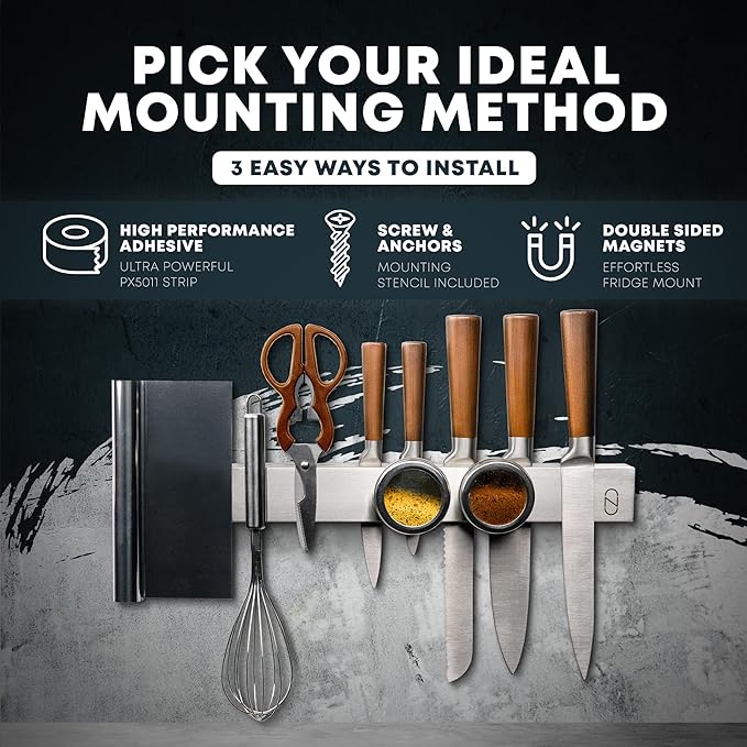 16" Magnetic Knife Holder for Wall with 2x Storage - Safe, Patented Storage Design - Stainless Steel Knife Magnetic Strip, Under Cabinet Knives Storage - Magnet Strip Rack Kitchen Utensil Organizer