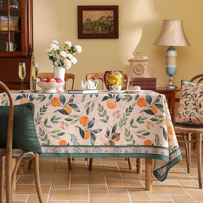 patdrea Designer Vintage Linen Long Rectangle Table Cloth,Framhouse Oranges and Leaves Pattern French Tablecloth,Fall Decor Cover for Kitchen Dining Christmas,Thanksgiving,63"x102"-Palladin a