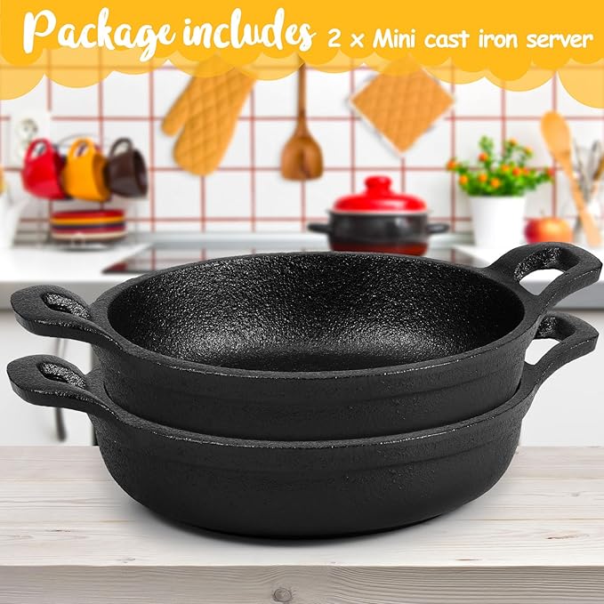 Mini Cast Iron Skillets 5 x 5 x 1.3 Inch Cast Iron Pan Small Ramekin Set Black Casserole Dish Cookware Oven Safe Mini Skillets for Kitchen Indoor Outdoor Picnic (2 Pack)