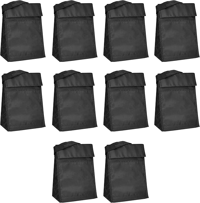 DISCOUNT PROMOS 10 Hook and Loop Insulated Lunch Bags Set - Polyester, Durable, Vibrant, Reusable - Black