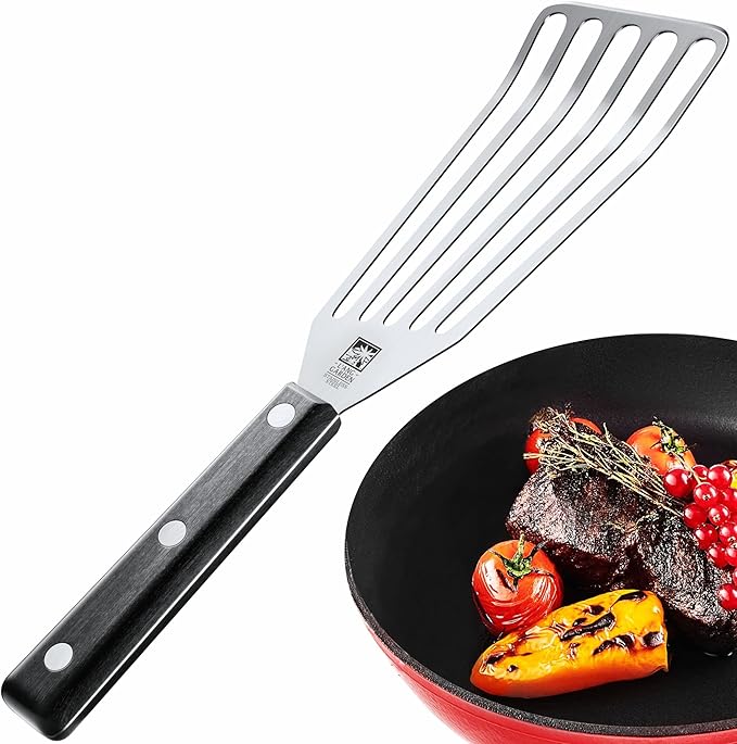 Slotted Stainless Steel Fish Spatula - 11-inch Thin, Heat Resistant with ABS Handle - Turner for Meat, Eggs, Nonstick Cookware