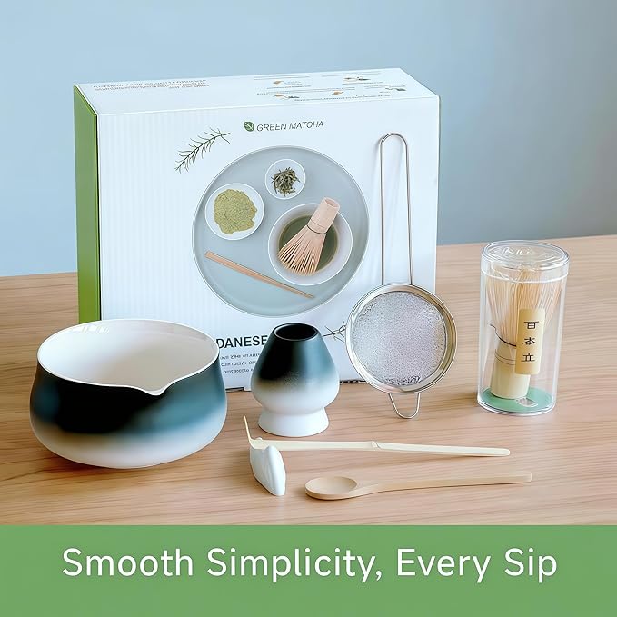 Matcha Whisk Set – 7 Pcs Japanese Tea Set with Bowl, Bamboo Whisk, Scoop, Holder, Sifter – Traditional Matcha Kit for Ceremony, Gift for Matcha Lovers