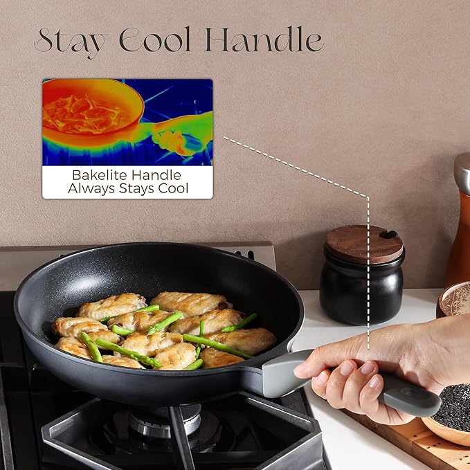 PRICUSIS Nonstick Ceramic Frying Pan with Lid, 8/10 Inch Skillet with Stay Cool Handle, Fully Coated, Induction Compatible & Oven Safe, 100% Dishwasher Safe, PTFE & PFOA Free（10 Inch, Black Sesame）
